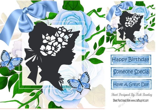 Elegant vintage silhouette lady with blue roses 8x8