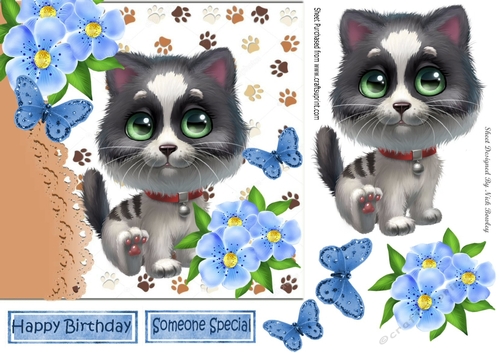 Cute kitty with tropical blue flowers  and butterflies 7x7