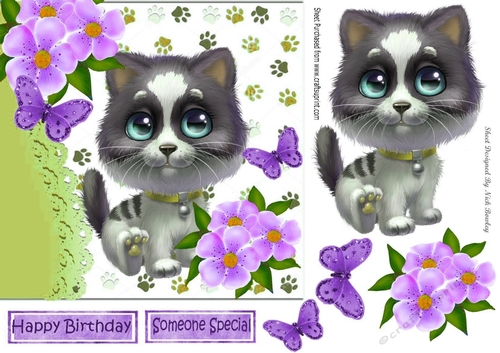 Cute kitty with tropical purple flowers  and butterflies 7x7