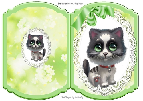 Cute kitty on lace with green bow bracket card