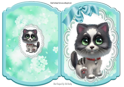 Cute kitty on lace with blue bow bracket card