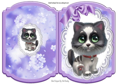 Cute kitty on lace with purple bow bracket card