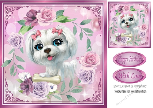 Cute westie in bows with lilac/pink roses 8x8