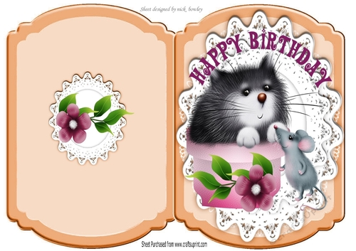 Cute kitty in flower pot with mouse on lace bracket card