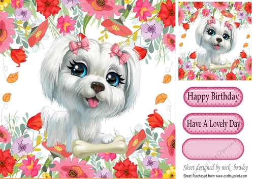 white westie puppy with a bone in the flowers 8x8