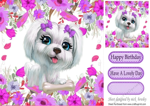 white westie puppy with a bone in the purple flowers 8x8