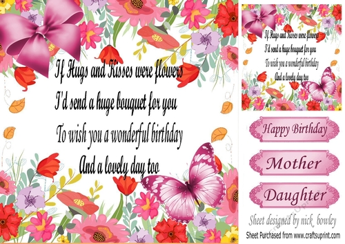 Pretty pink flowers and butterfly with bow card front 8x8