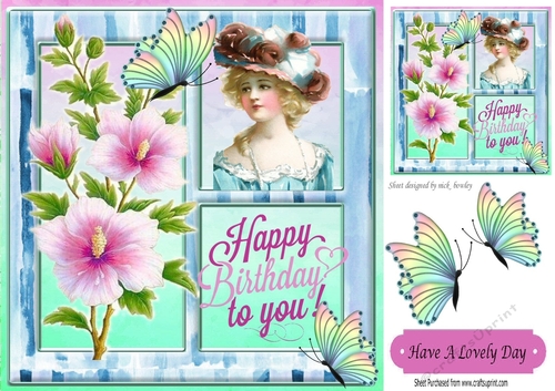 pretty vintage lady with flowers and butterflies window card 8x8