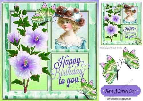 pretty vintage lady with  purple flowers and butterflies window card 8x8