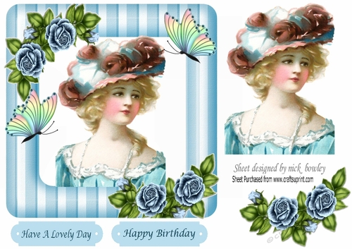 pretty vintage lady with blue roses, in stripe 7x7 frame