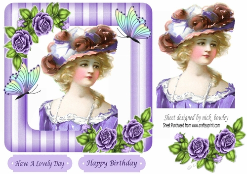 pretty vintage lady with purple roses, in stripe 7x7 frame