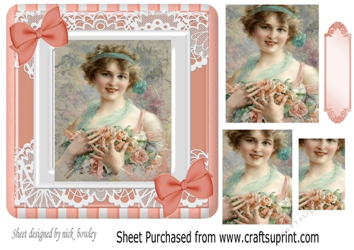Pretty vintage lady in peach lace frame with pyramids  7x7