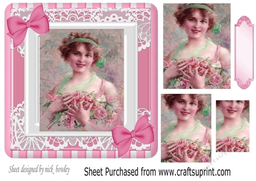 Pretty vintage lady in pink lace frame with pyramids  7x7