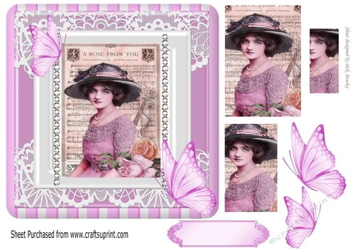 Pretty vintage lady in lilac lace frame with pyramids & butterflies  7x7