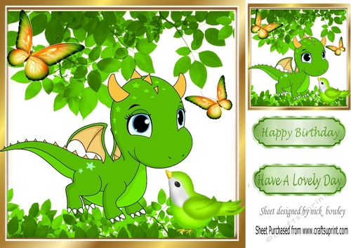 Cute baby green dragon with little bird 8x8