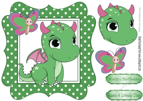 Cute baby green dragon with butterfly 7x7