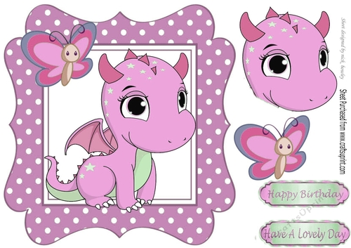 Cute baby pink dragon with butterfly 7x7