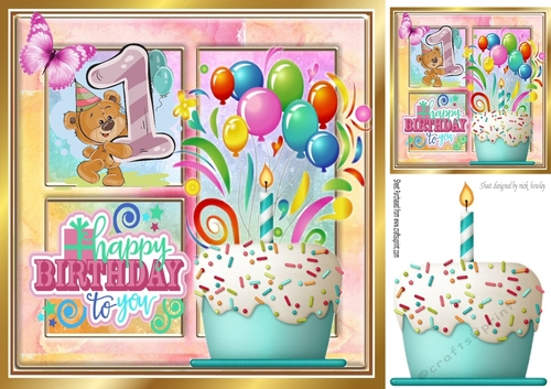 Babys 1st Birthday, cake balloons in rainbow 8x8 window frame