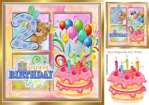2ND  Birthday, cake with candles, balloons in rainbow 8x8 window frame