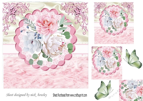 Pretty water colour roses. with pink fur effect  frame with butterflies7x7