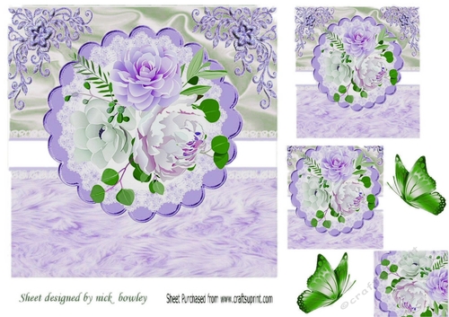 Pretty water colour roses. with purple fur effect  frame with butterflies7x7