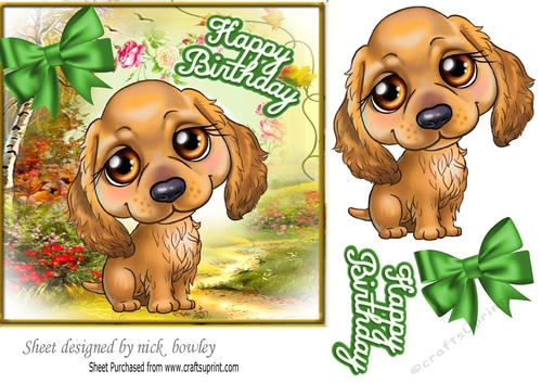 Those cute puppy eyes! with corner green bow 7x7