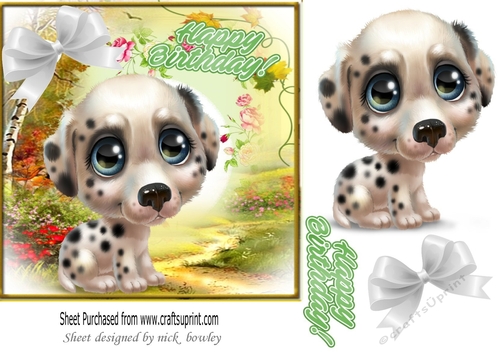 Those cute puppy eyes! little Dalmation puppy with corner white bow 7x7