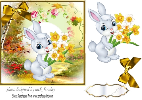 Cute Bunny carrying Daffodils with gold bow 7x7