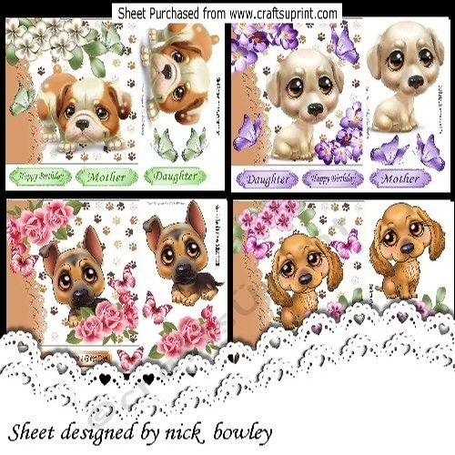 4 Lovely Cards of puppies in footprint 7x7 frames mini kit 