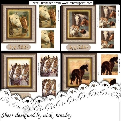 4 Lovely Cards of Horses a variety in  7x7 frames mini kit
