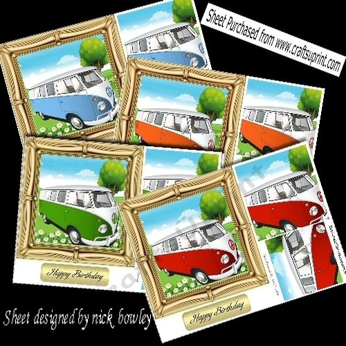 4 Lovely Cards of Campervans a variety of colours in  7x7 frames mini kit