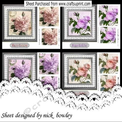 4 Pretty Pink & Lilac Roses Cards 7x7 mini kit with pyramids