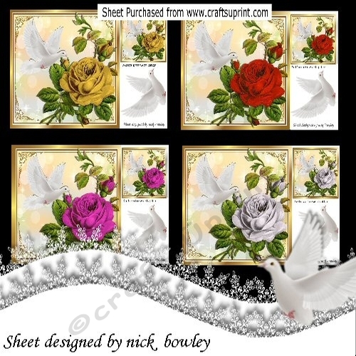 4 Pretty 8X8 cards with roses & doves in gold frames mini kit