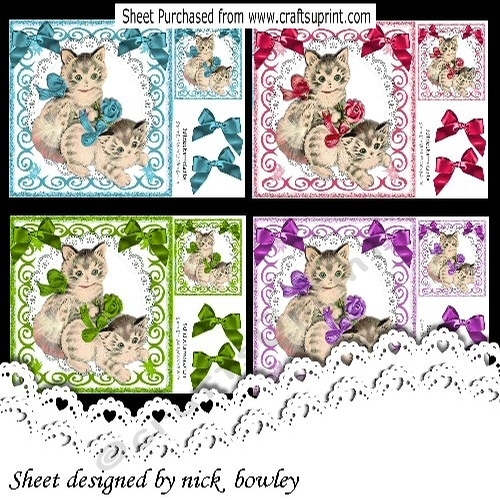 4 Lovely vintage kittens with bows on lace 8x8 Card mini kit
