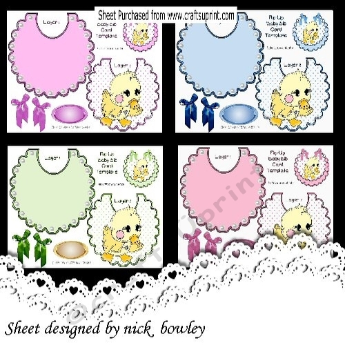 4 Lovely Baby Bibs flip cards with pearl, bows, and chicks mini kit
