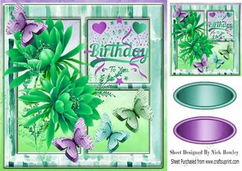 green tropical flowers with paper butterflies in window frame 8x8