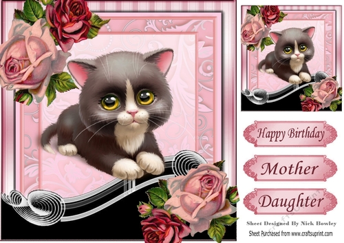 Cute black kitten with vintage roses 8x8