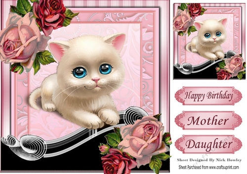 Cute white kitten with vintage roses 8x8