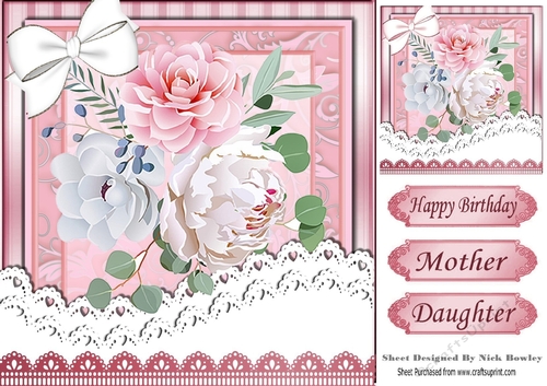 Pretty pink and white painted roses, white lace/white bow 8x8