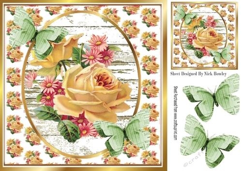 Water colour cream roses with pink flowers & paper butterflies 8x8