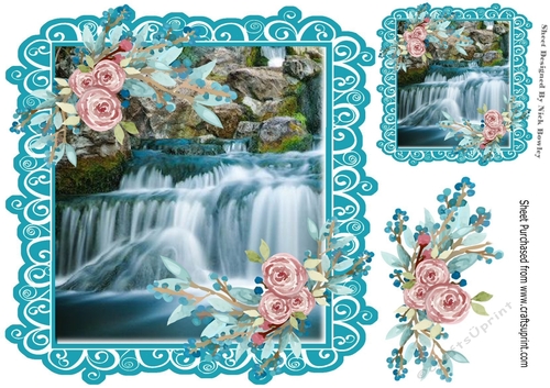 Pretty waterfall with water colour roses in scalloped frame 8x8