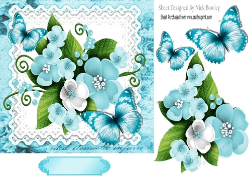 Pretty blue/white spring flowers on lace with script 7x7 frame