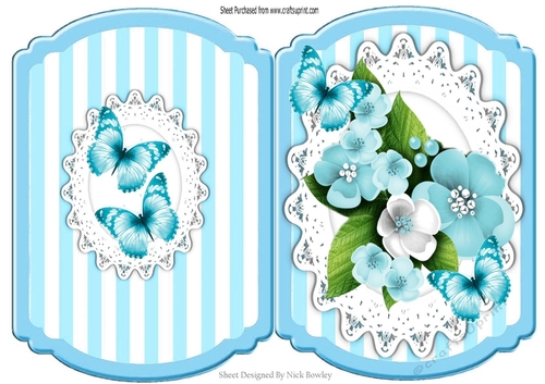 Pretty blue/white spring flowers on lace with butterflies bracket card