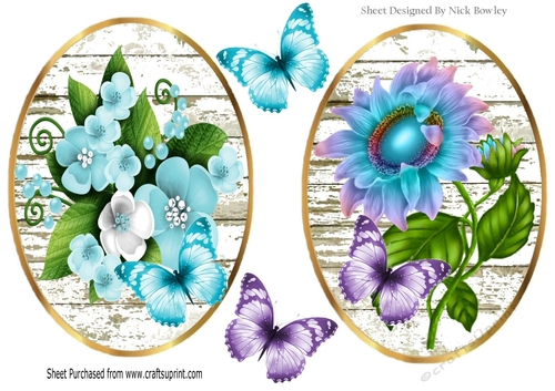 2 Lovely blue /white  and lilac flower toppers/card fronts with butterflies