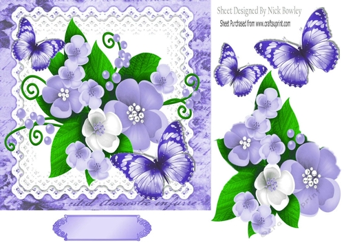 Pretty Lilac/white spring flowers on lace with script 7x7 frame