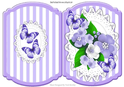 Pretty lilac/white spring flowers on lace with butterflies bracket card