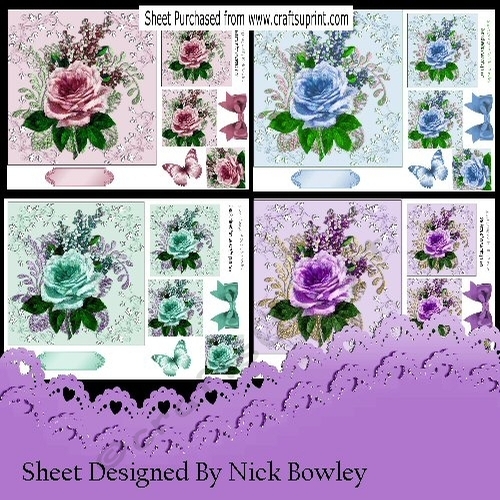 4 Lovely Cards of painted roses,butterfly & bow 7x7   mini kit