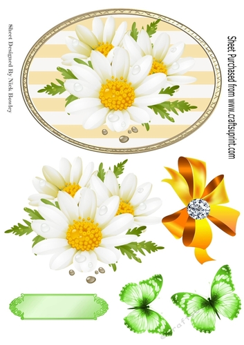 White daisies in lemon striped topper with butterflies