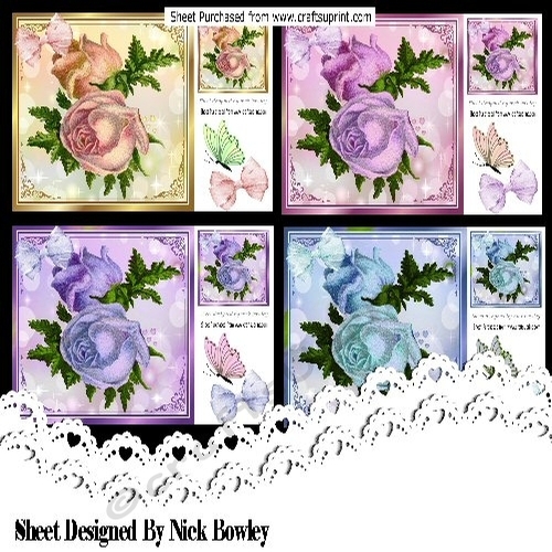 4 Lovely Vintage roses with butterflies/bow 8x8 mini kit
