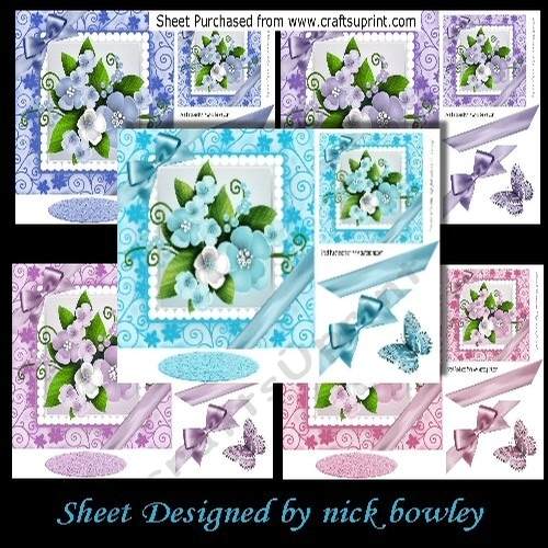 5 Lovely spring flowers cards with corner bows on ornate 7x7 frames mini kit
